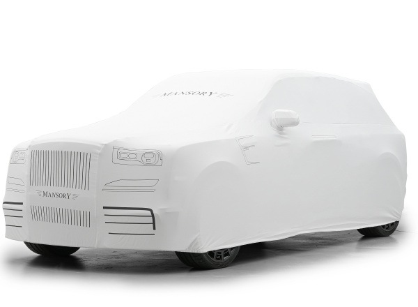 White reflexive MANSORY car cover for RR Cullinan